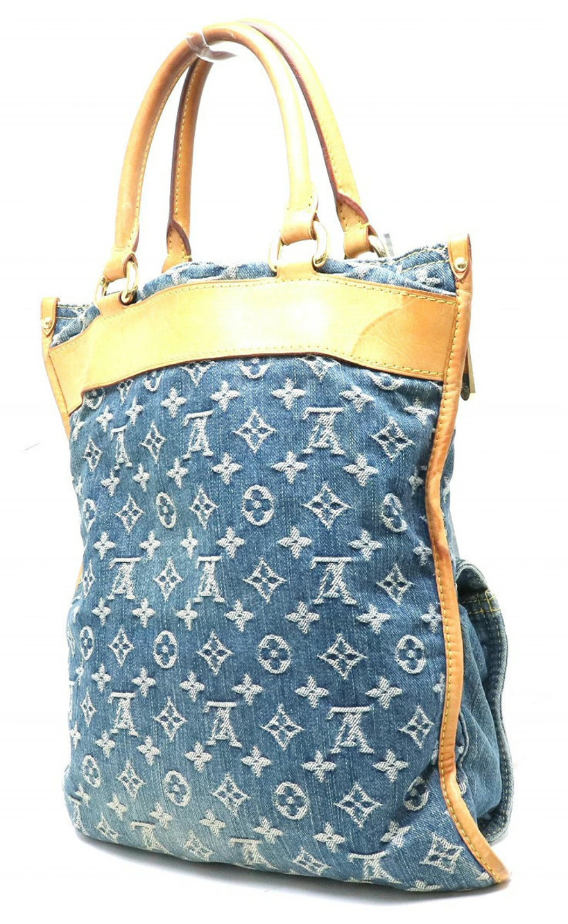 Louis Vuitton s Bag Flat Tote Handbag Shopper Blue Denim Gusset Monogram Blue